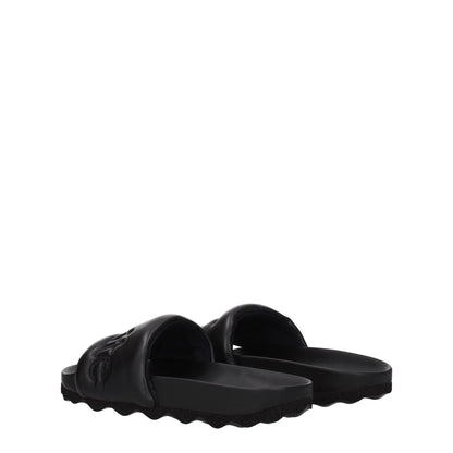 Off-White Black Leather Slippers with front logo, round toe, rubber sole. Style: Casual, low flat heel. MPN: OMIT001LEA0011010.
