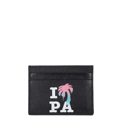 Palm Angels Black Leather Cardholder with front logo and five card slots, made from premium leather, measuring 8×10.5 cm, stylish street accessory.