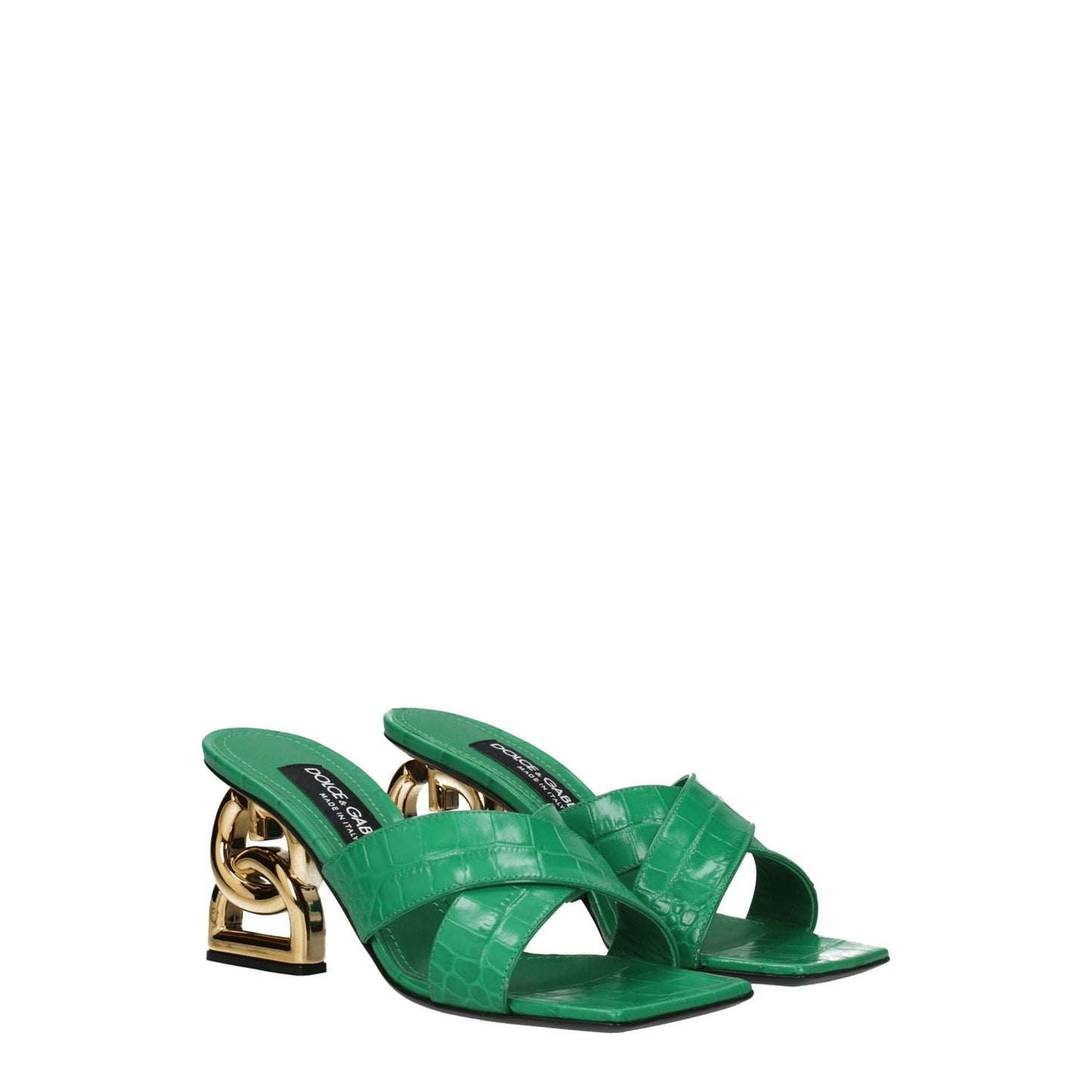Dolce & Gabbana Green Leather Flat Sandals with gold mid heels, open toe design, and side logo print. Casual style, luxury footwear.
