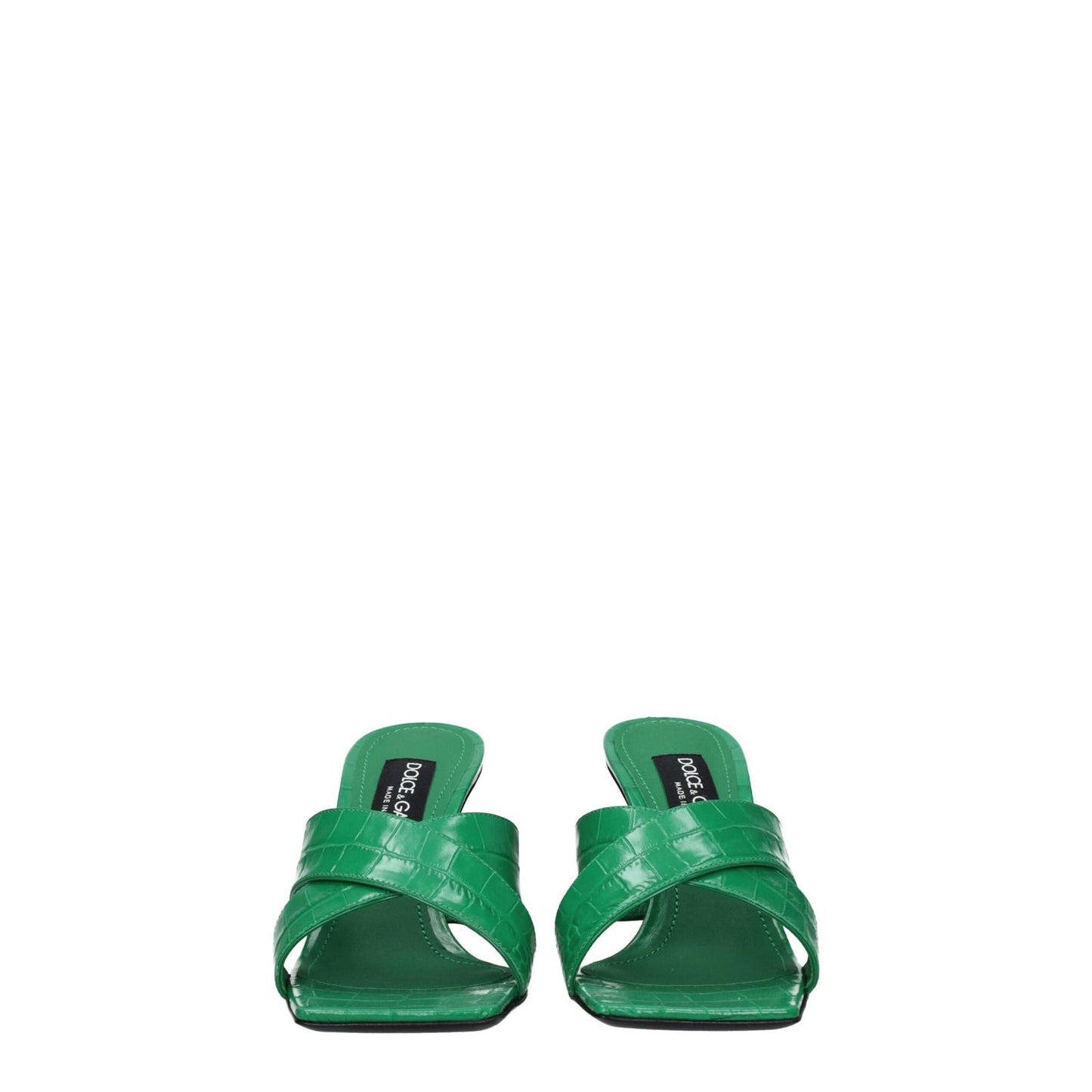 Dolce & Gabbana Green Leather Flat Sandals with open toe design and mid-level heels.