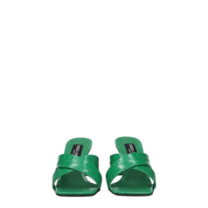 Dolce & Gabbana Green Leather Flat Sandals with open toe design and mid-level heels.