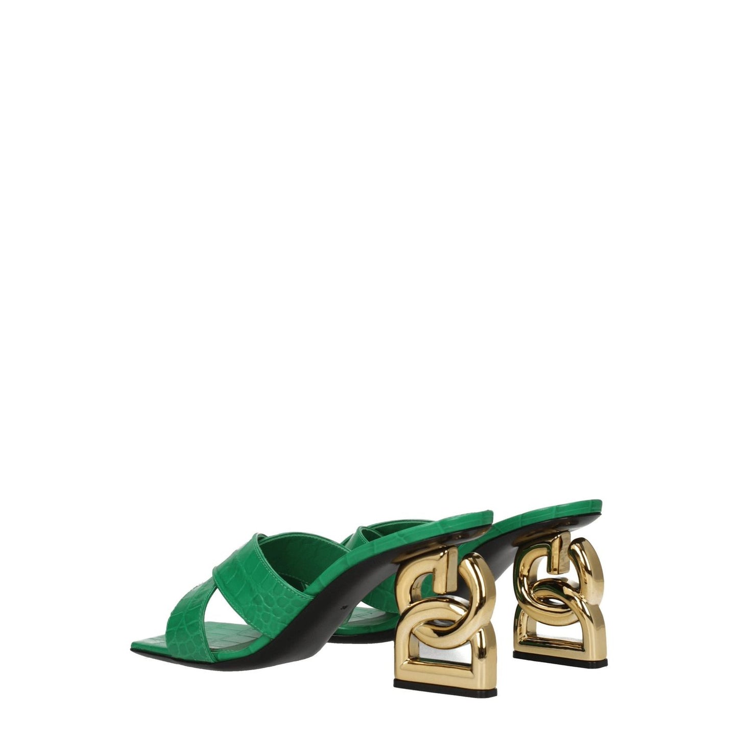 Dolce & Gabbana Green Leather Flat Sandals with gold accents and open toe, featuring mid heel design and casual style for chic elegance.