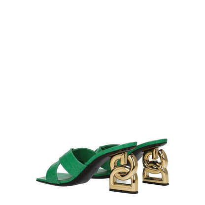 Dolce & Gabbana Green Leather Flat Sandals with gold accents and open toe, featuring mid heel design and casual style for chic elegance.