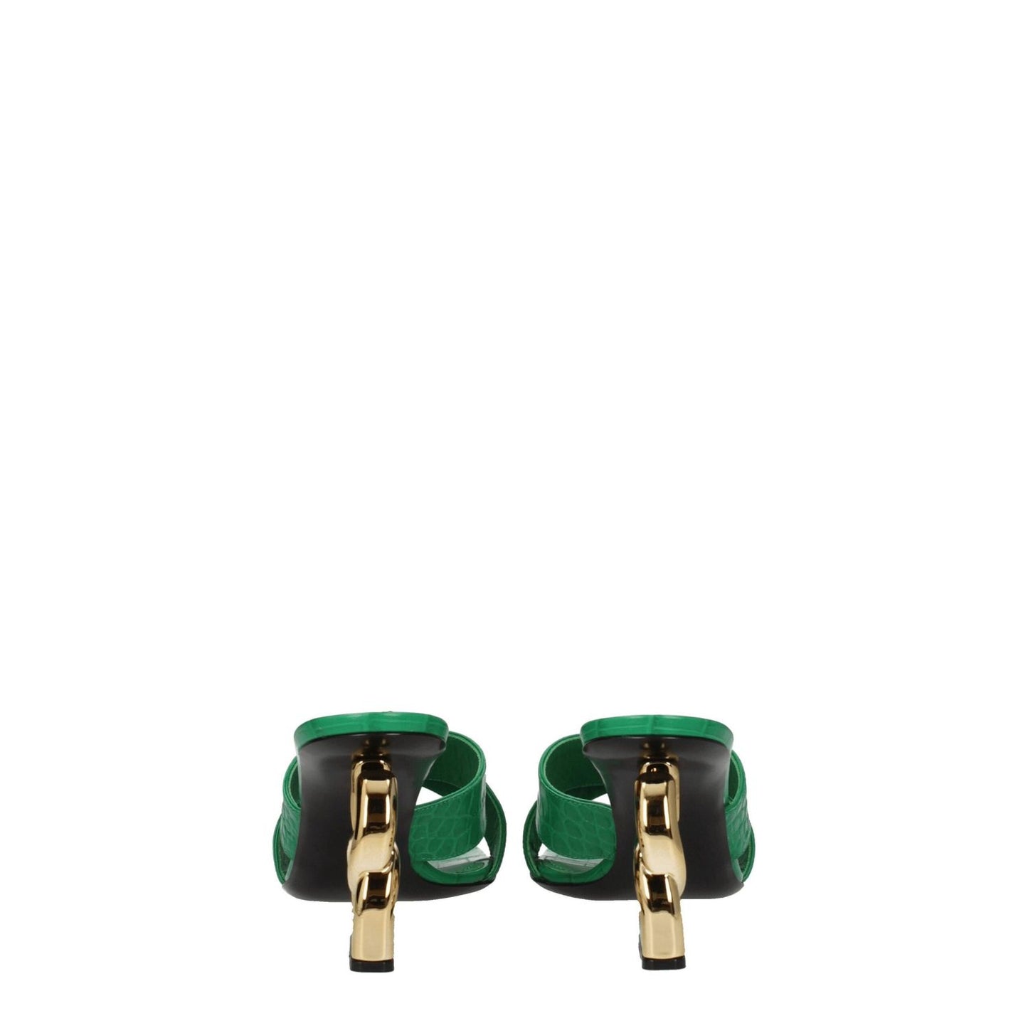 Back view of Dolce & Gabbana Green Leather Flat Sandals with gold heel and side logo, featuring open toe and mid heels.