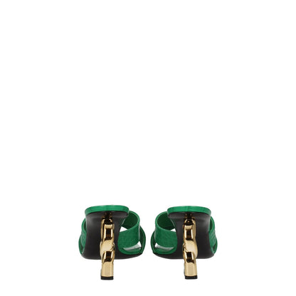 Back view of Dolce & Gabbana Green Leather Flat Sandals with gold heel and side logo, featuring open toe and mid heels.