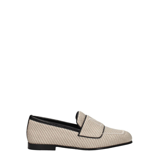 Max Mara Beige Fabric Slip-On Loafers with front logo and leather sole, casual style, round toe, low flat heel, MPN 23452109316007.