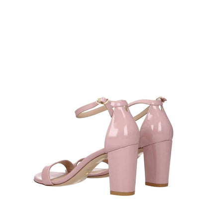 Stuart Weitzman Pink Leather Stiletto Heel Sandals with open toe and buckle closure, patent leather material, 8 cm mid heel.