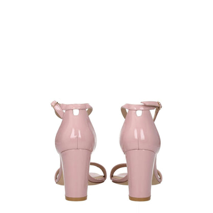 Stuart Weitzman Pink Leather Stiletto Heel Sandals with mid heels and buckle closure, patent leather, 8 cm heel, open toe, rear view.