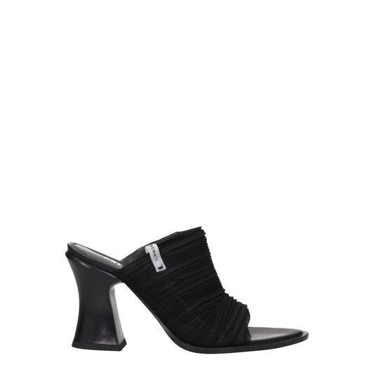 Premiata Black Fabric Platform Sandals with high heel, open toe, and side logo.