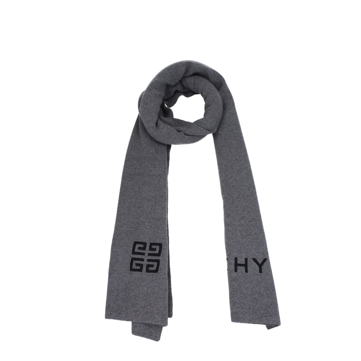 Givenchy Gray Wool Scarf in wolf grey with logo design, 70% wool and 30% cashmere, MPN BP007RP0H7097, 40×180 cm, casual style.