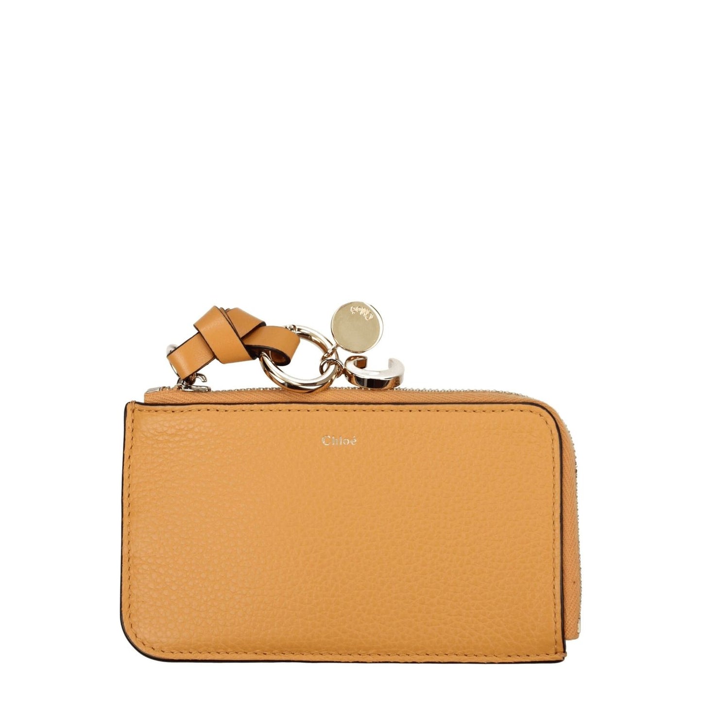 Chloé Orange Leather Wallet with gold logo, 7.5x13 cm, featuring apricot secondary color and zip closure, casual style coin purse.