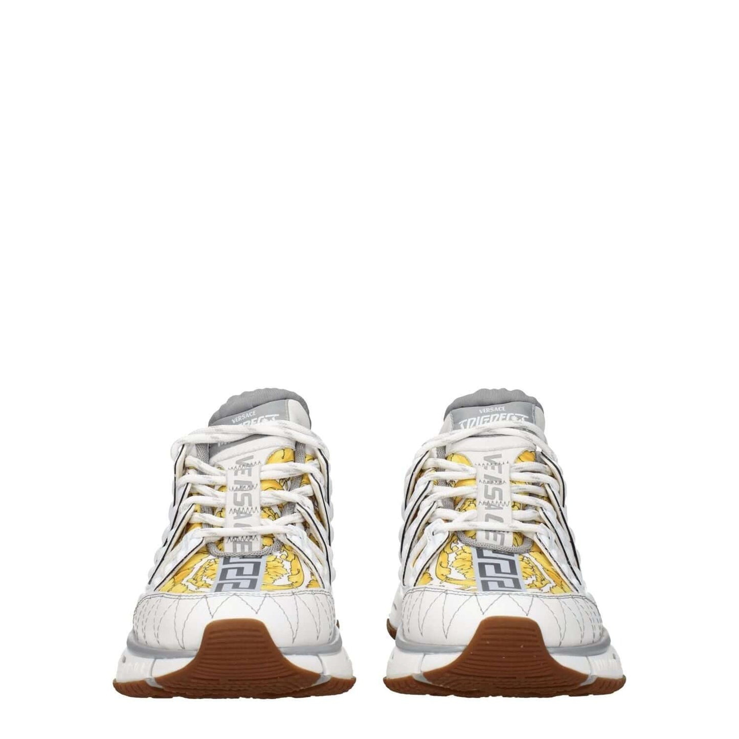 Front view of Versace White Fabric Athletic Sneakers with logos on front and sides, featuring a casual style and rubber sole. MPN: 1004182D15TCG6WA70