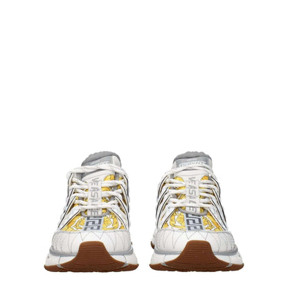 Front view of Versace White Fabric Athletic Sneakers with logos on front and sides, featuring a casual style and rubber sole. MPN: 1004182D15TCG6WA70