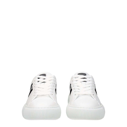 Versace White Leather Low Top Sneakers with front logo, lace-up closure, and rubber sole. Casual style with black accents and round toe design.