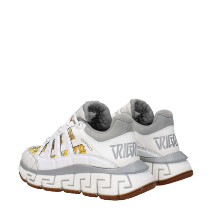 Versace White Fabric Athletic Sneakers with logos and grey accents, featuring rubber sole and lace-up closure, designed for casual style.