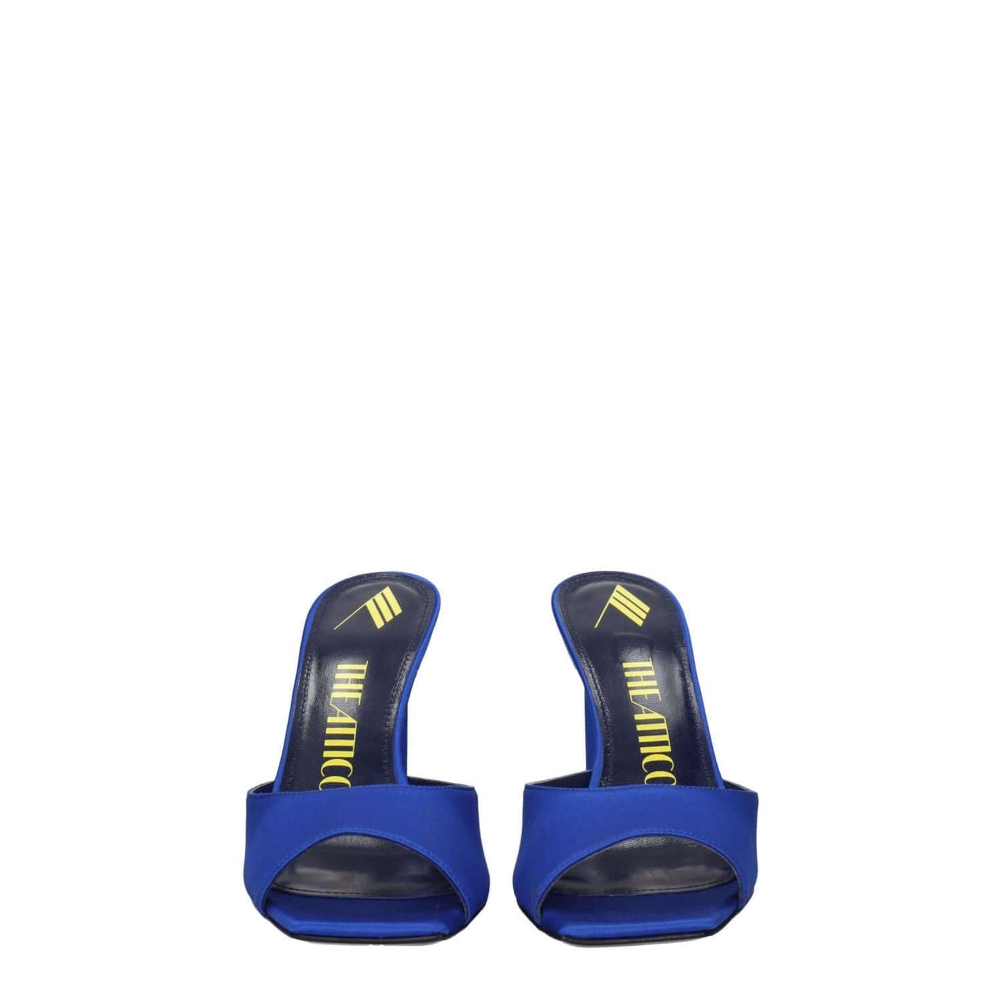 The Attico Blue Satin Stiletto Heel Sandals with open toe design and rhinestone accents, featuring a 10 cm high heel and leather sole.