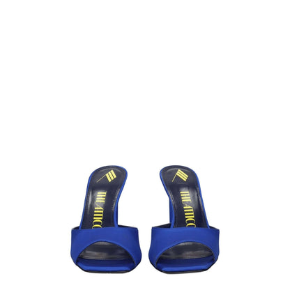 The Attico Blue Satin Stiletto Heel Sandals with open toe design and rhinestone accents, featuring a 10 cm high heel and leather sole.