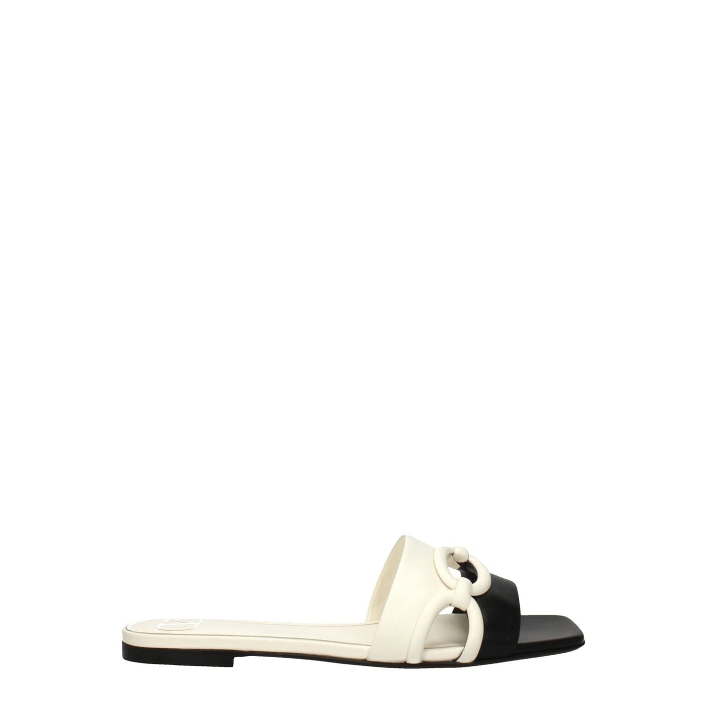 Valentino Garavani Black Leather Slippers, casual open-toe design with ivory accents and low flat heel, crafted in premium leather.