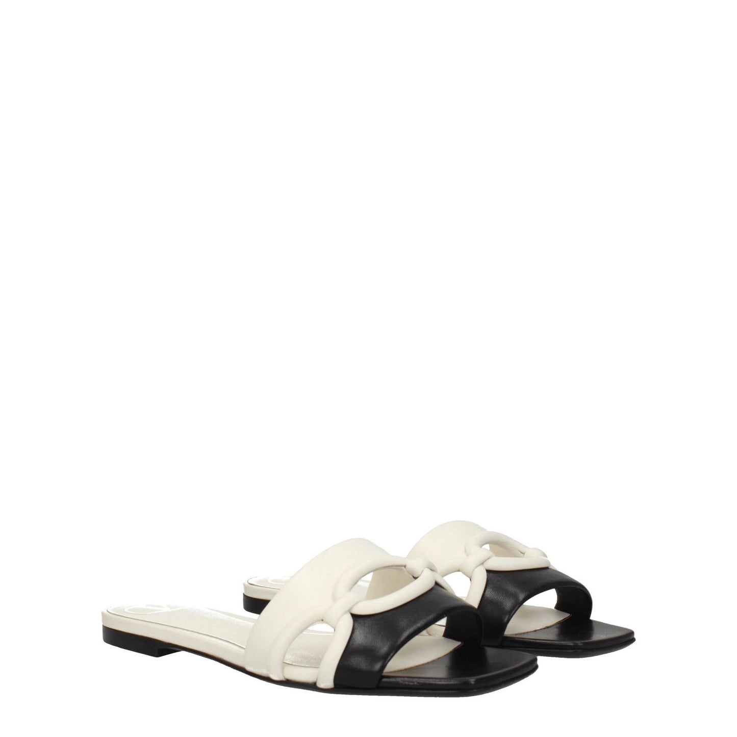 Valentino Garavani Black Leather Slippers with ivory accents, casual open toe, and low flat heel, MPN S0GH7ZUC790, product code F78162.
