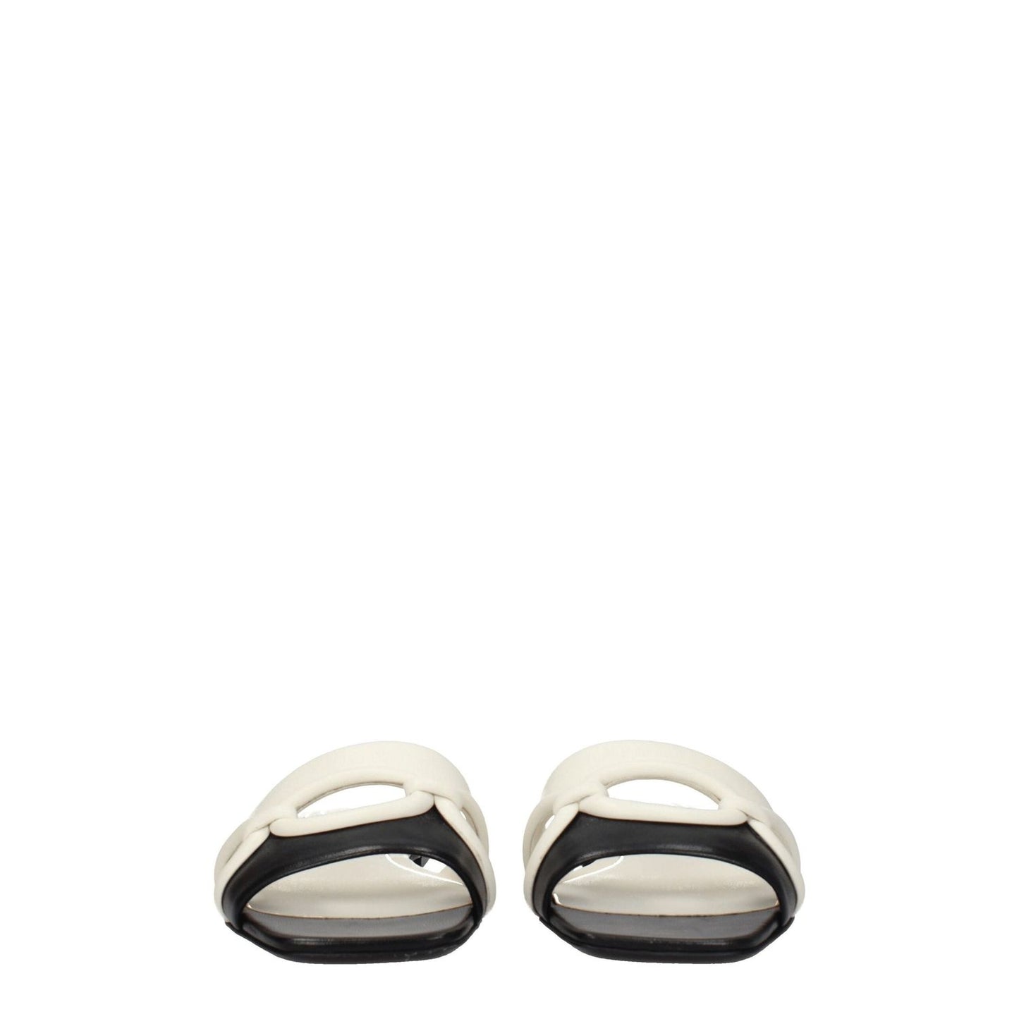 Valentino Garavani Black Leather Slippers with open toe design, low flat heel, and casual style. Secondary color: Ivory. MPN: S0GH7ZUC790.