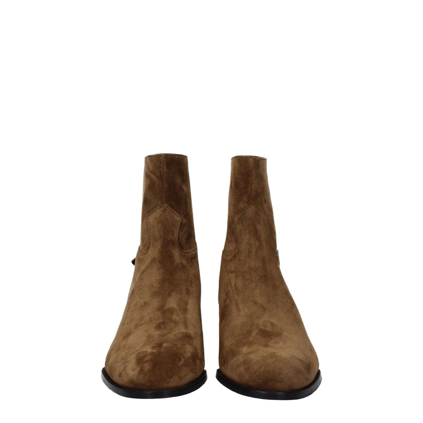 Celine Brown Leather Ankle Boots with vintage effect, suede material, silver color details, and mid heel, front view.