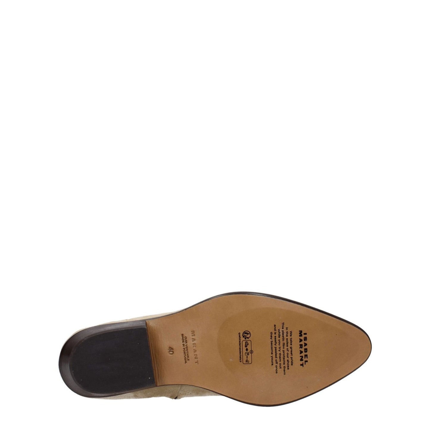 Sole view of Isabel Marant Beige Leather Ankle Boots with pointy toe and leather sole, style BO0073HAA4A02N50TF.