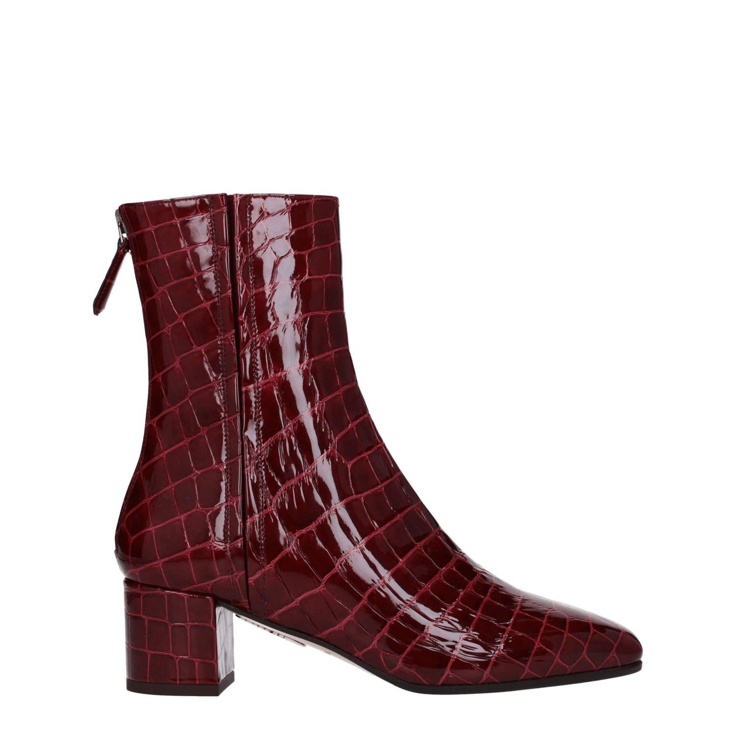 Aquazzura Red Leather Ankle Boots with zip closure, crocodile print, and mid heels. Features square toe and sleek aubergine color accents.