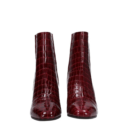 Aquazzura Red Leather Ankle Boots with crocodile print, zip closure, 5 cm mid heels, and square toe design.