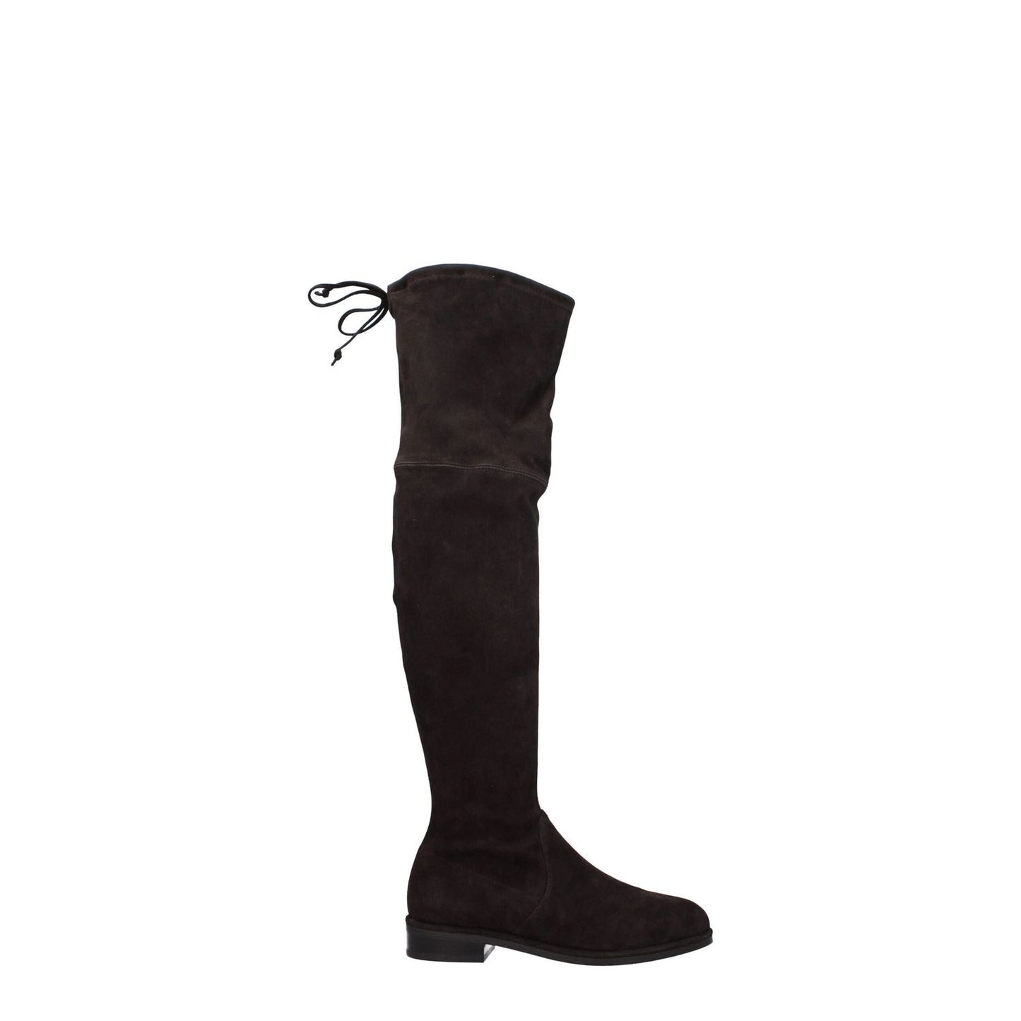 Stuart Weitzman Brown Leather Over The Knee suede boots with self-tie closures and rubber sole, casual style, round toe, low heel.