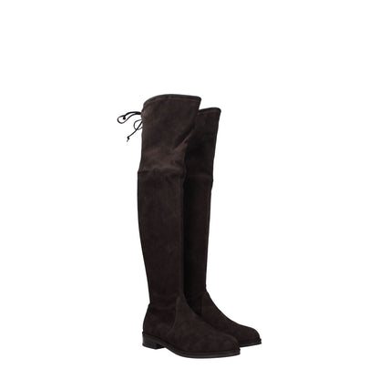 Stuart Weitzman Brown Leather Over The Knee suede boots with self-tie closure, round toe, and flat rubber sole, style LOWLANDSUSSG129EBONY.