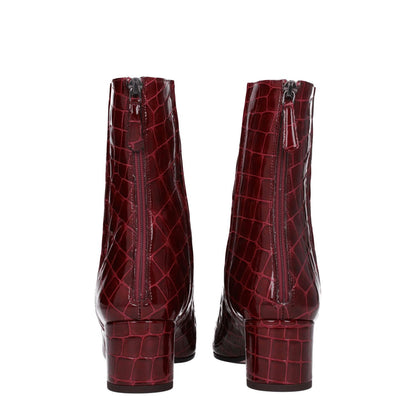 Aquazzura Red Leather Ankle Boots with crocodile print and square toe, featuring zip closure and mid heels, rear view.