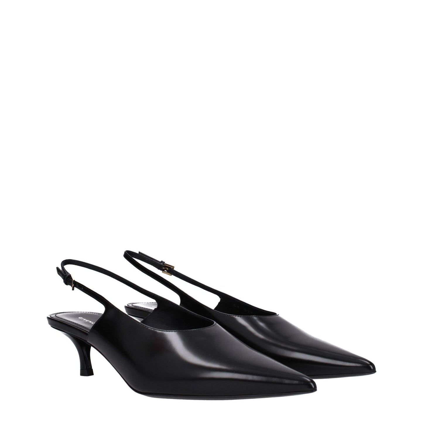 Givenchy Black Leather Mid Heel Pumps with buckle closure, pointy toe, and 5.5 cm heels. Stylish casual design, leather sole.