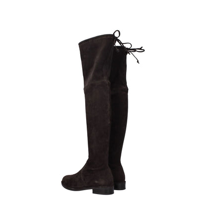 Stuart Weitzman Brown Leather Over The Knee boots with suede finish, self-tie closure, round toe, low flat heel, and rubber sole.