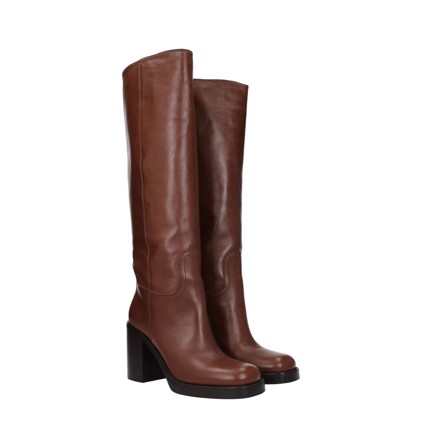 Prada Brown Leather High Heel Boots with round toe and cognac accents, 9 cm heel, part of a casual style, featuring leather sole.