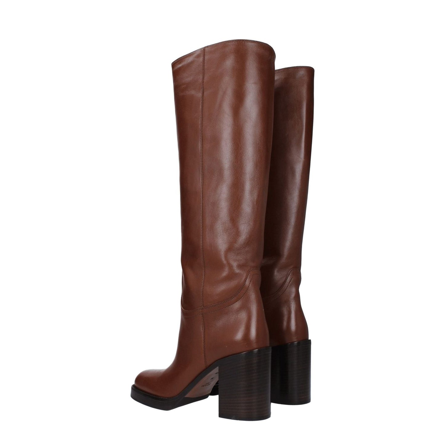 Prada Brown Leather High Heel Boots with round toe and cognac color, featuring 9 cm leather heel, casual style, new collection.