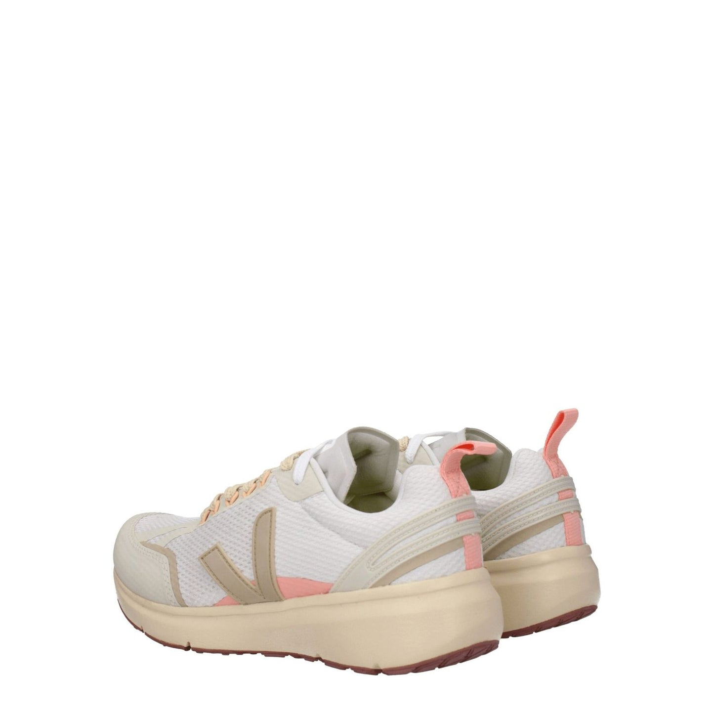 Alt Tag: Veja Beige Fabric Athletic Sneakers with logo, lace-up closure, rubber sole, and mid heels.