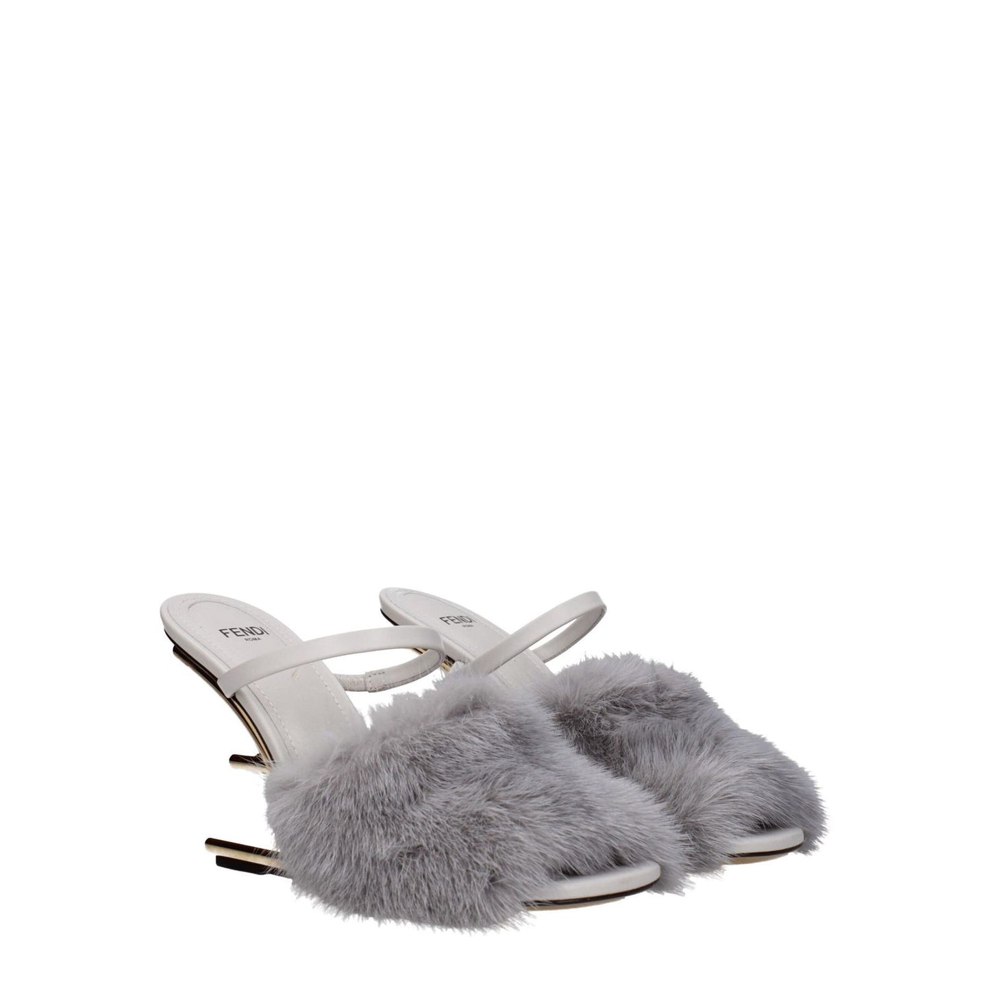 Fendi Gray Mink Slippers with high heel and open toe, featuring side logo and light grey leather sole. MPN 8R8212AHGHF1IDQ.