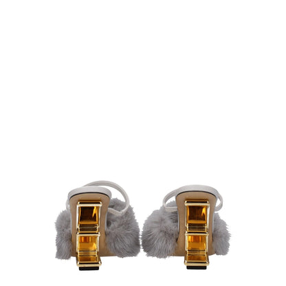 Rear view of Fendi Gray Mink Slippers with open toe and high heel, featuring a gold accent and light grey leather sole.