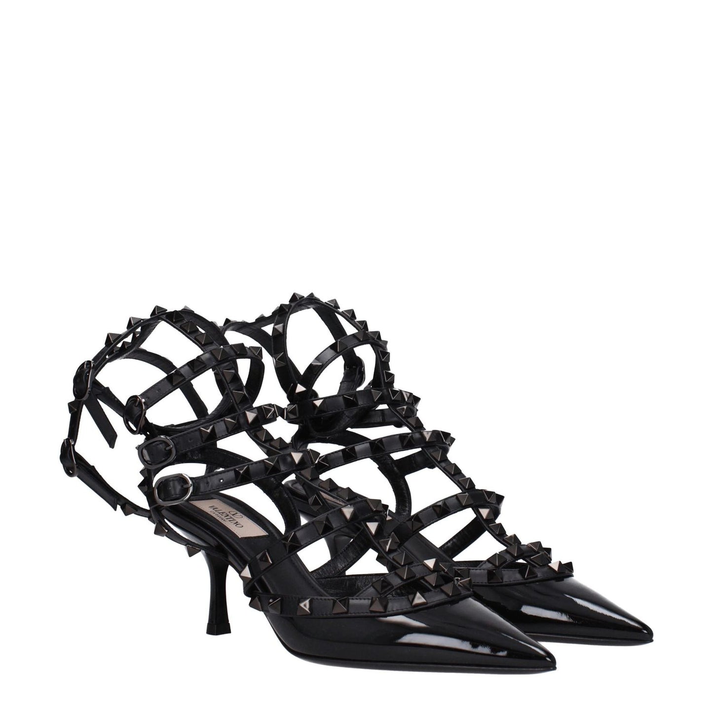 Valentino Garavani Black Leather Stiletto Heel Sandals with pointed toe and stud detailing.