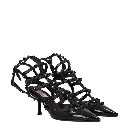 Valentino Garavani Black Leather Stiletto Heel Sandals with pointed toe and stud detailing.