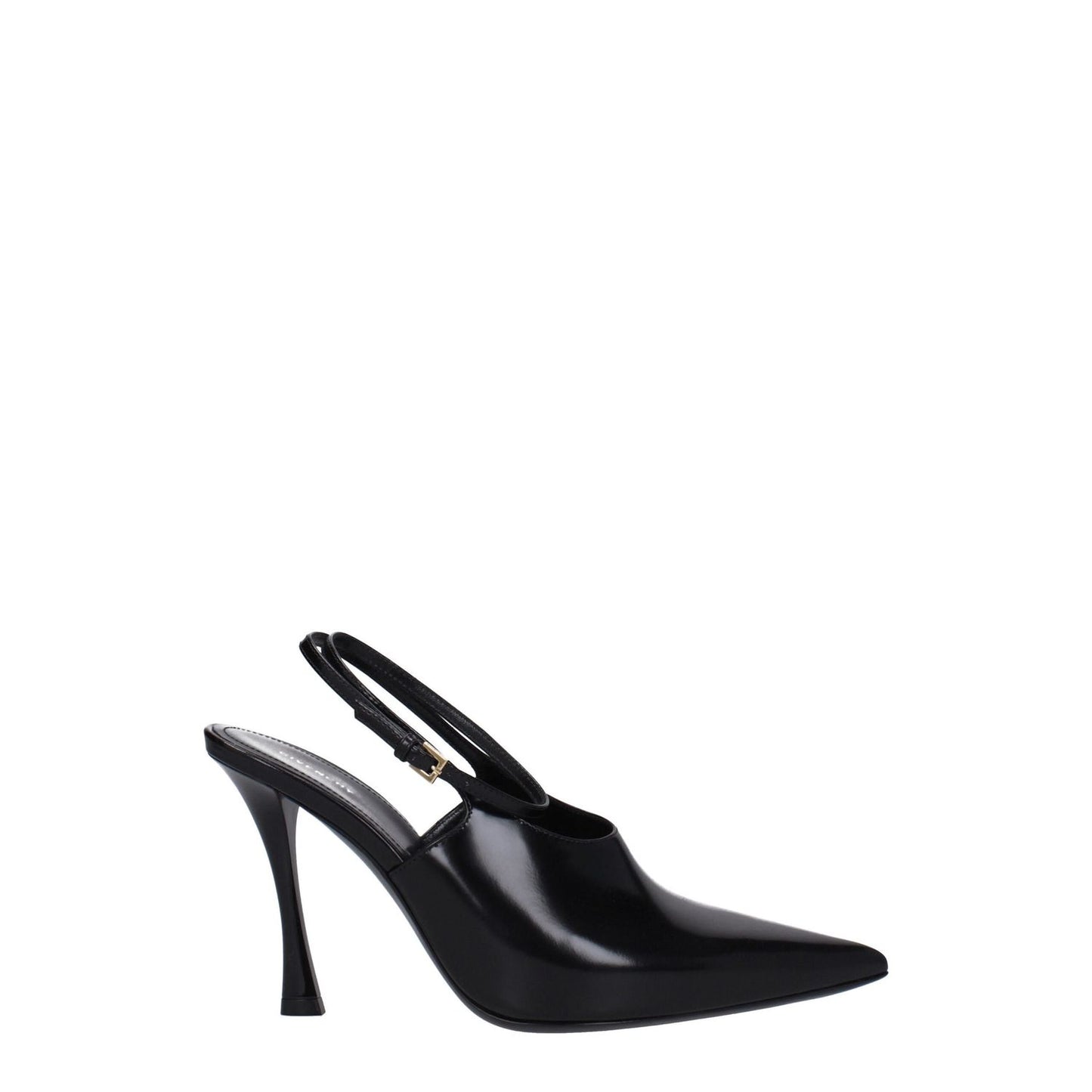 Givenchy Black Leather High Heel Pumps with pointy toe and buckle closure, featuring stylish gold details and 9.5 cm leather heel.