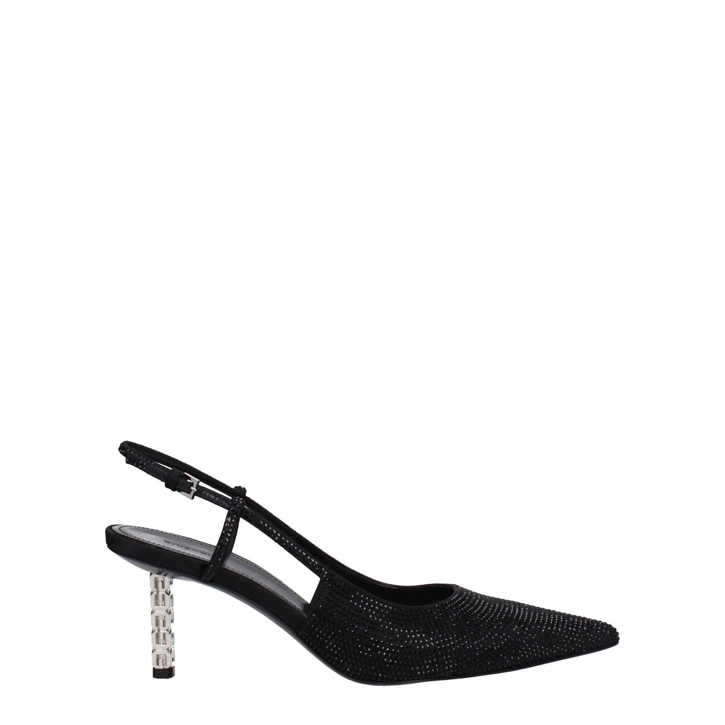 Givenchy Black Fabric High Heel Pumps with rhinestone, pointy toe, and buckle closure, featuring leather sole and mid heel height of 7 cm.