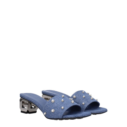 Givenchy Blue Fabric Flat Sandals with beaded rhinestones, side logo, denim accents, mid heels, and leather sole.