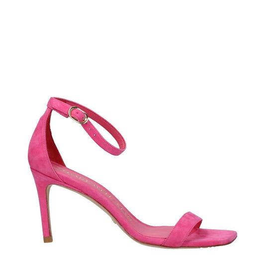 Stuart Weitzman Pink Leather Stiletto Heel Sandals with buckle closure and open toe design on a white background.