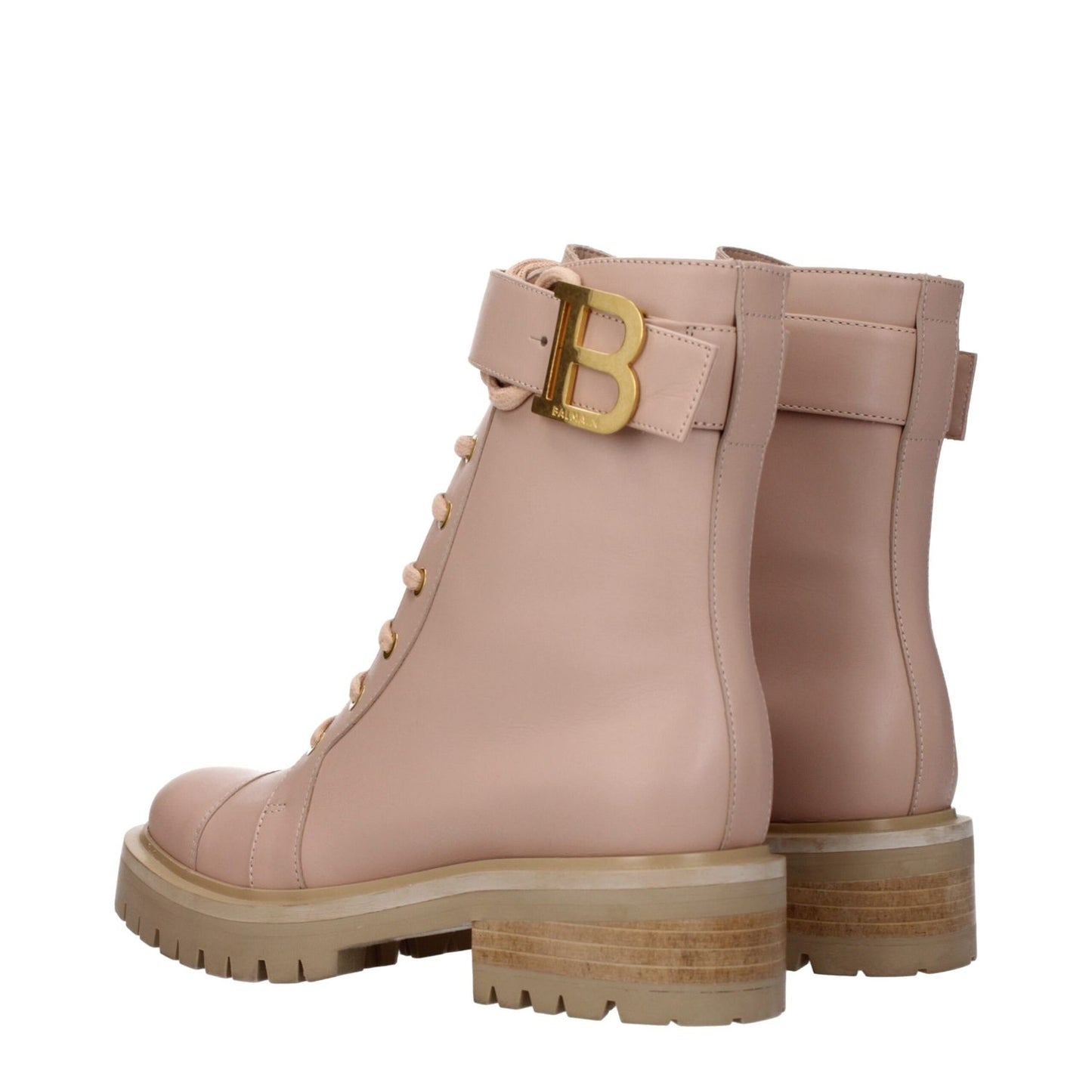 Balmain Beige Leather Ankle Boots with Side Logo and Rubber Sole, Lace-Up Closure, Mid Heels - MPN TC502LVTO0AP