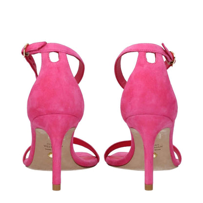 Stuart Weitzman Pink Leather Stiletto Heel Sandals with buckle closure and leather sole, open toe, 8 cm high heel, rear view
