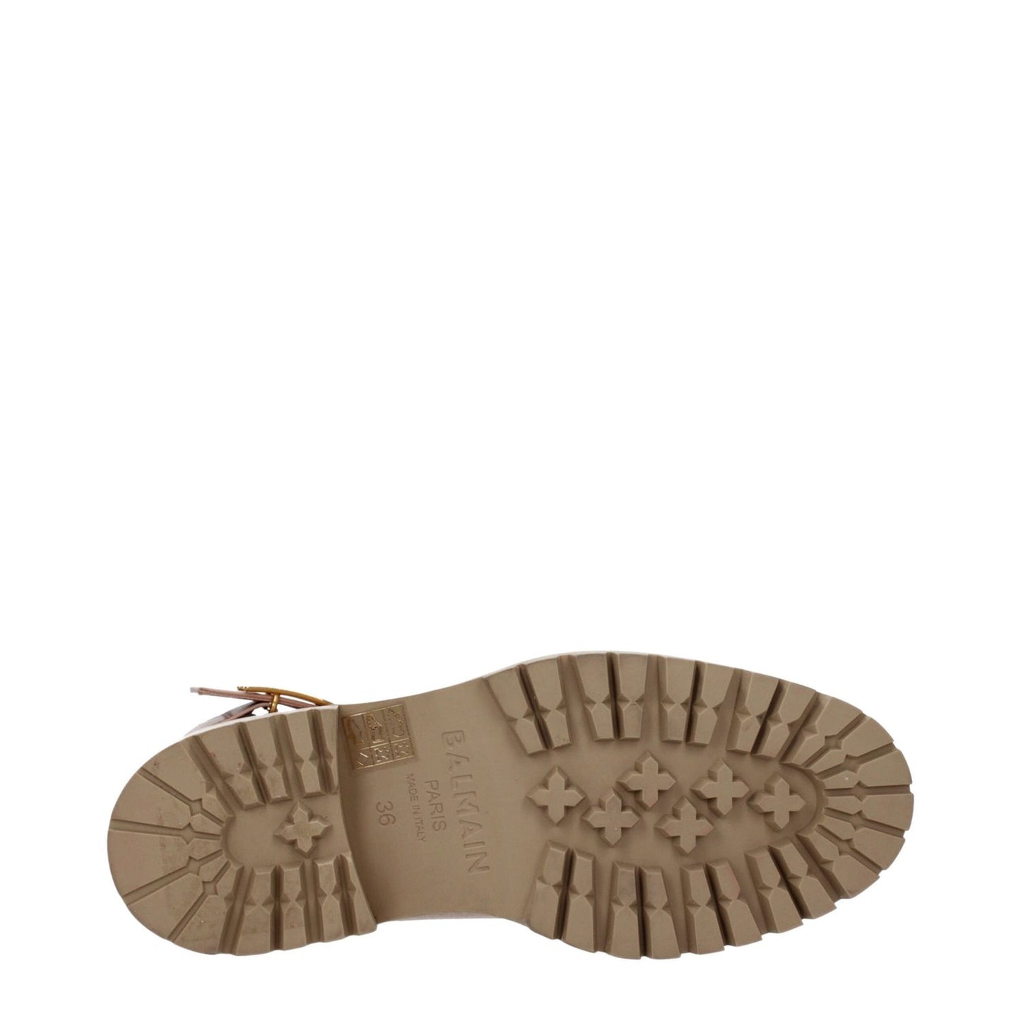 Sole view of Balmain Beige Leather Ankle Boots showing rubber grip pattern, featuring side logo, designed with sporty glam style.