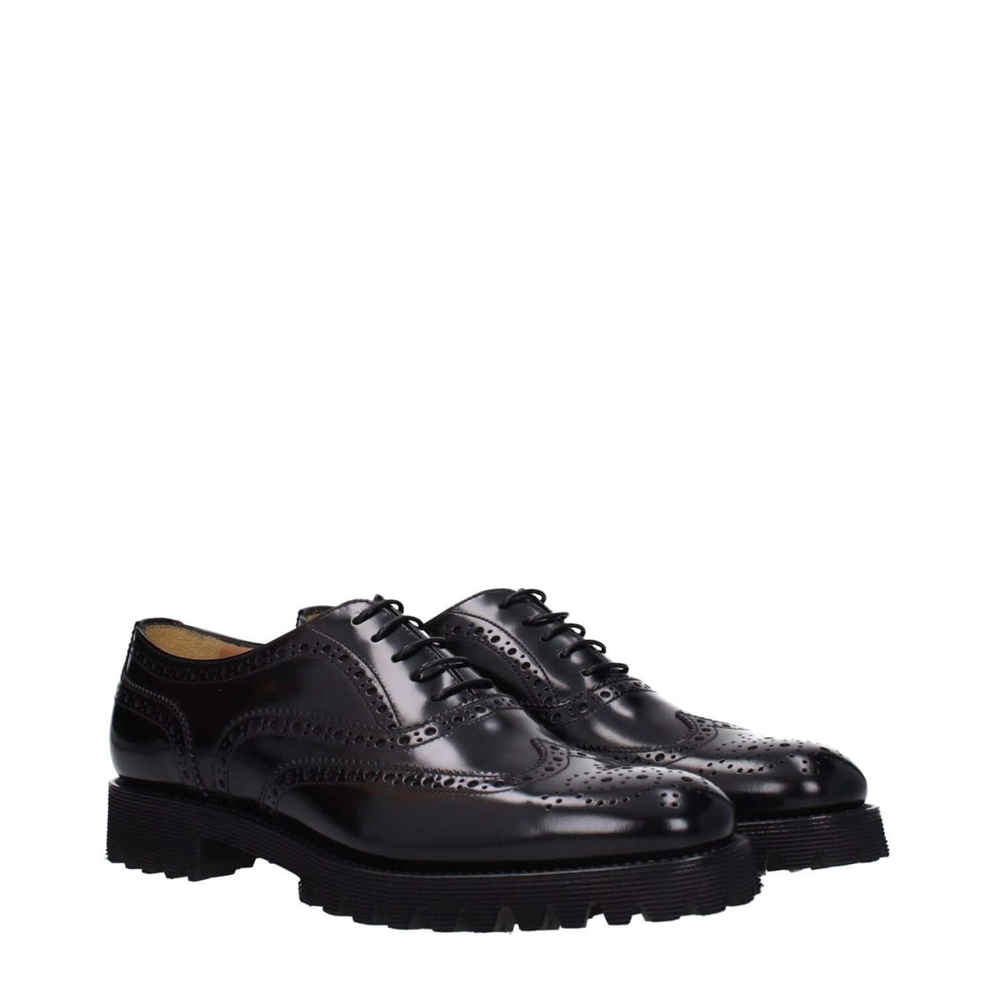 Church's Black Leather Oxfords And Derbies with vintage effect, lace up design, rubber sole, round toe, and low flat heel.