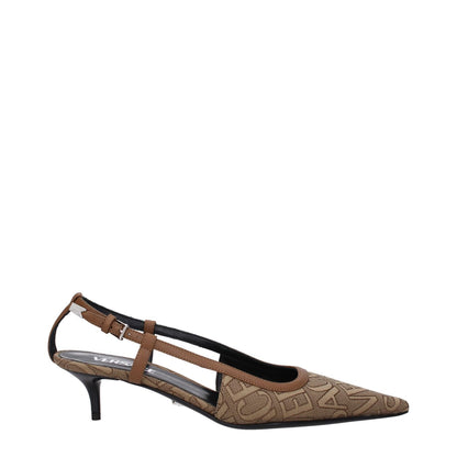 Versace Beige Fabric Mid Heel Pumps with pointy toe, logo design, buckle closure, leather sole, mid heel, 7.5 cm heel height.