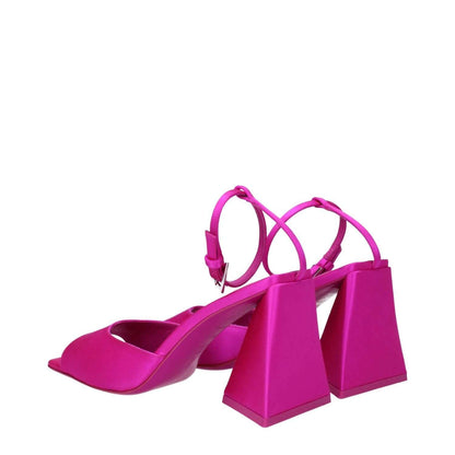 The Attico Pink Satin Stiletto Heel Sandals with buckle closure, open toe, and mid heels, featuring leather sole and fuchsia satin material.